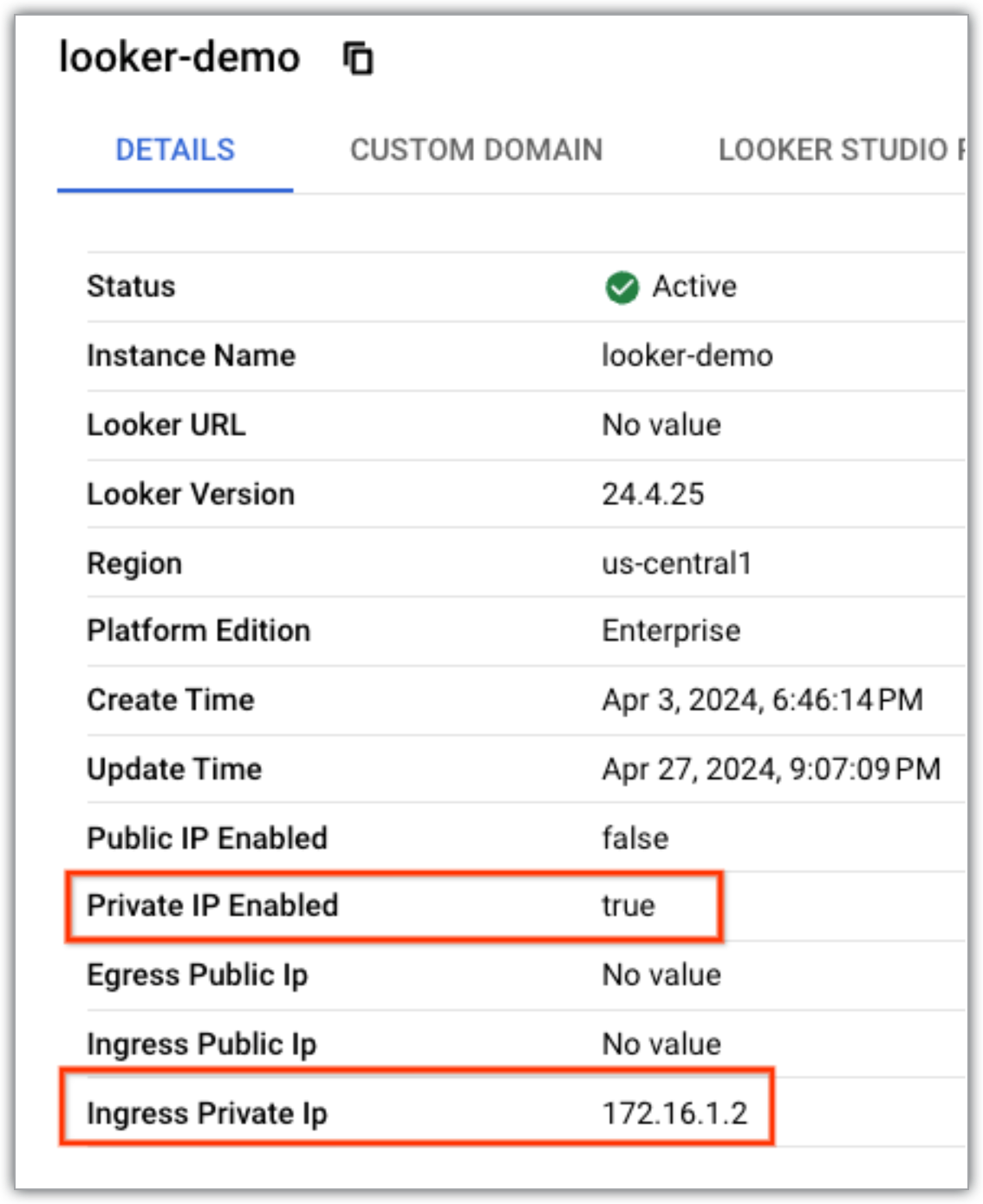 「執行個體」頁面「詳細資料」分頁中醒目顯示的 Ingress IP。