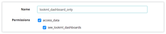 Conjunto de autorizações de utilizador apenas para painéis de controlo do LookML com apenas as autorizações access_data e see_lookml_dashboards selecionadas.