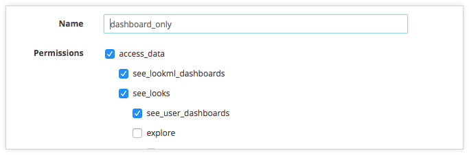 Conjunto de permisos de usuario de solo panel de control con los permisos access_data, see_lookmL_dashboards, see_looks y see_user_dashboards seleccionados.