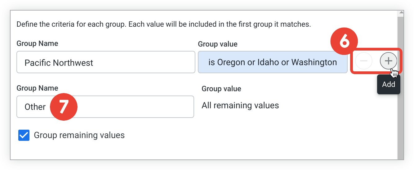 Um usuário passa o cursor sobre o botão "Adicionar sinal de adição" ao lado do valor de grupo existente, e a caixa de seleção "Agrupar valores restantes" é marcada.
