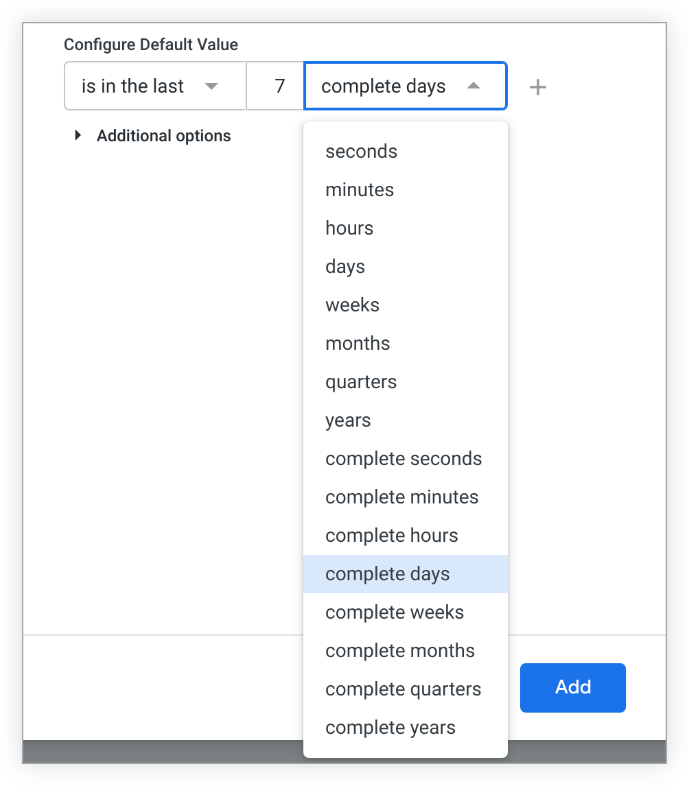 Complete time ranges appear in the timeframe drop-down after the non-complete time ranges.