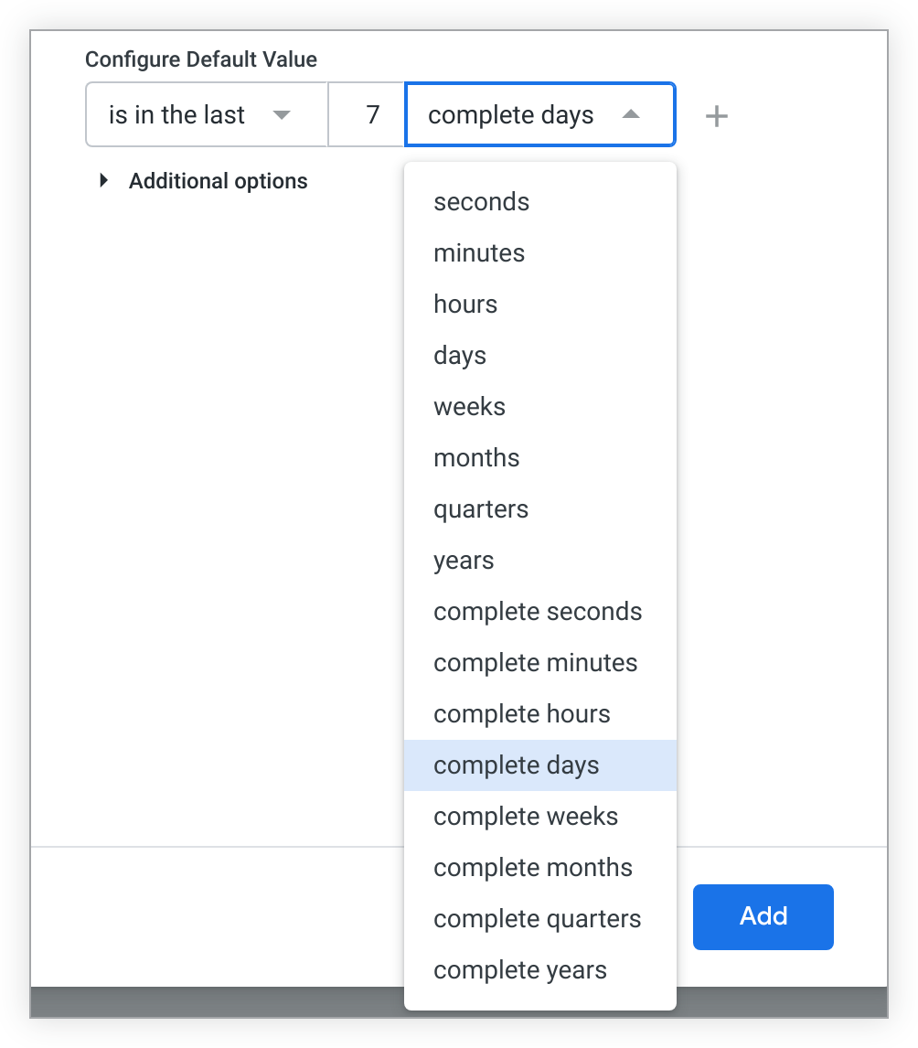 Rentang waktu lengkap muncul di drop-down jangka waktu setelah rentang waktu yang tidak lengkap.