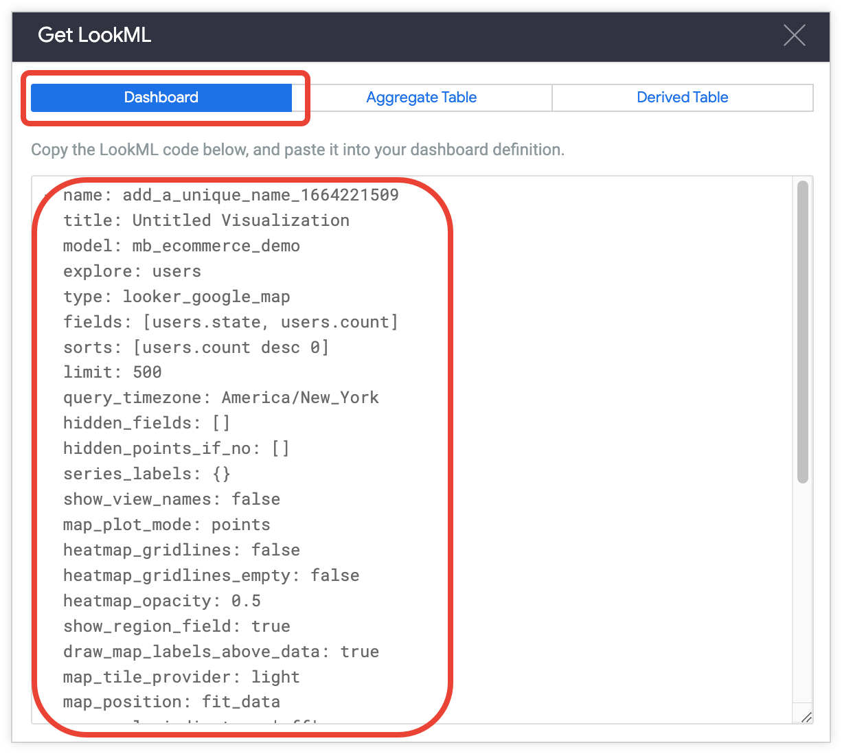 Na parte superior da janela "Get LookML", há guias para "Panel", "Aggregate Table" e "Derived Table LookML".