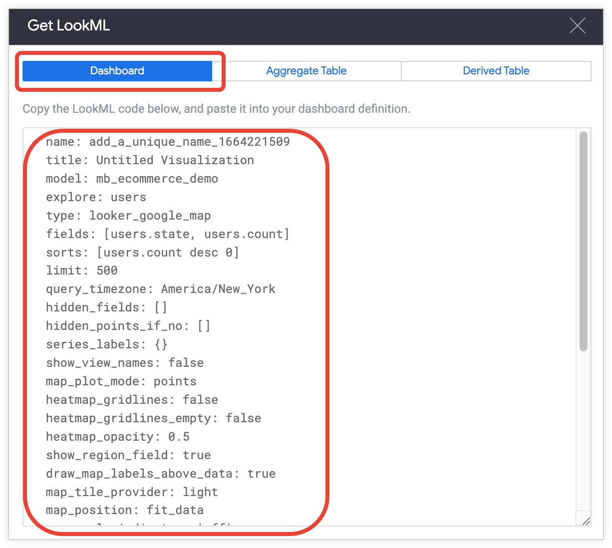 在 Get LookML 窗口顶部，有“信息中心”、“汇总表格”和“派生表格 LookML”标签页。