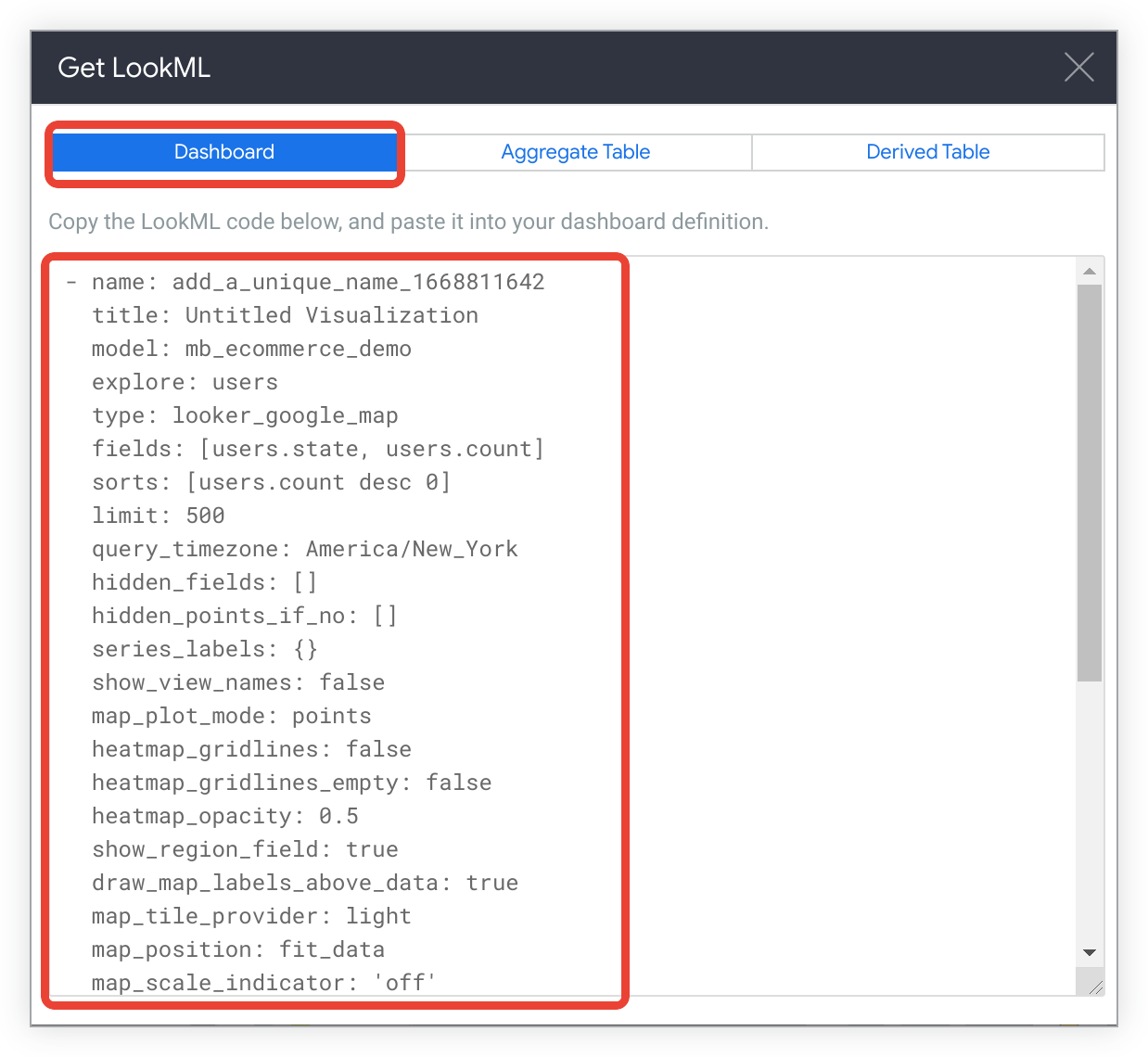 En haut de la fenêtre &quot;Extraire le code LookML&quot;, vous trouverez des onglets pour le code LookML du tableau de bord, de la table agrégée et de la table dérivée.