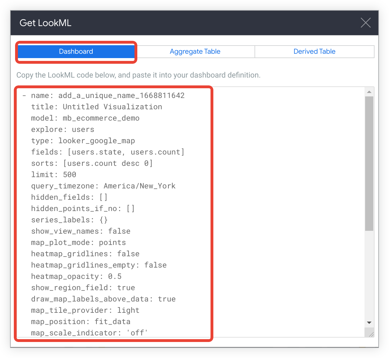 在“Get LookML”窗口的顶部，有“信息中心”“汇总表”和“派生表 LookML”标签页。