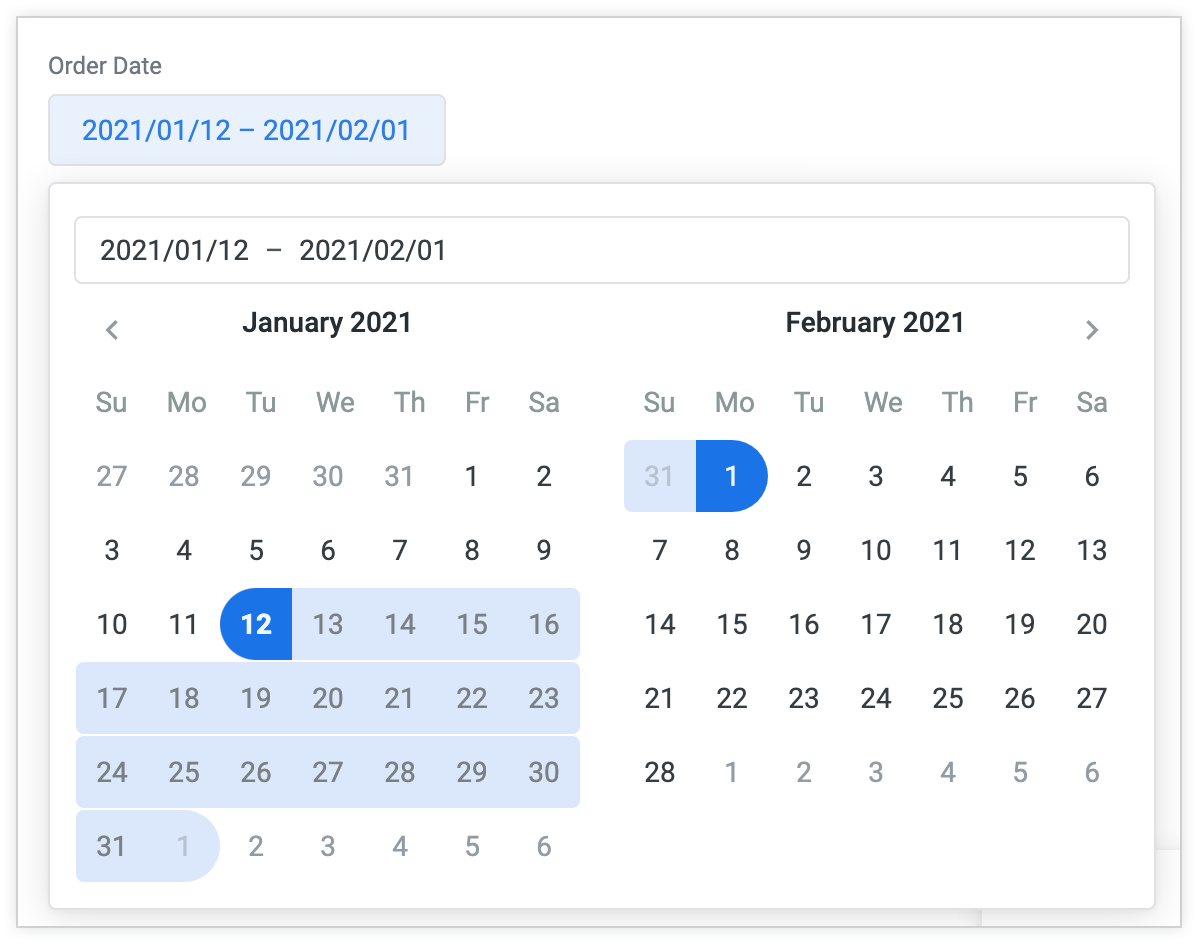 Kontrol rentang tanggal awalnya muncul sebagai rentang tanggal, tetapi rentang tanggal dapat dipilih untuk menampilkan kalender 2 bulan. Tanggal di kalender dapat dipilih untuk memperbarui nilai filter.