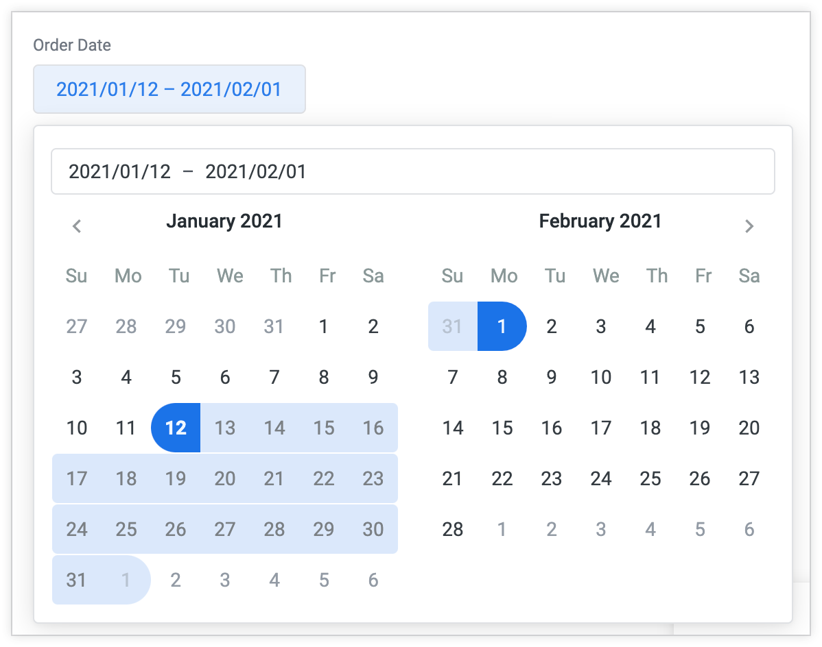 Les sélecteurs de plage de dates apparaissent initialement sous la forme d&#39;une plage de dates, mais vous pouvez les sélectionner pour afficher un calendrier de deux mois. Vous pouvez sélectionner des dates dans le calendrier pour modifier la valeur du filtre.