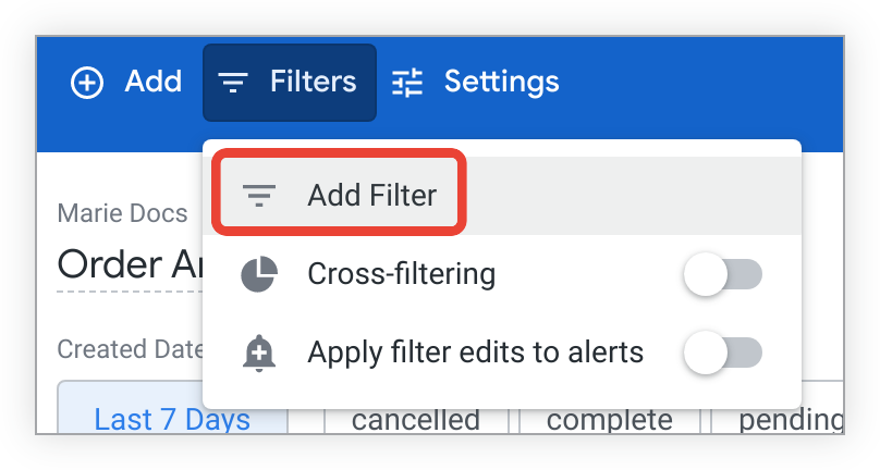 Si vous sélectionnez "Filtres" dans la barre d'outils supérieure, un menu déroulant s'affiche avec plusieurs options.