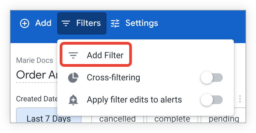 Selecting Filters from the top toolbar reveals a drop-down menu with several menu items.