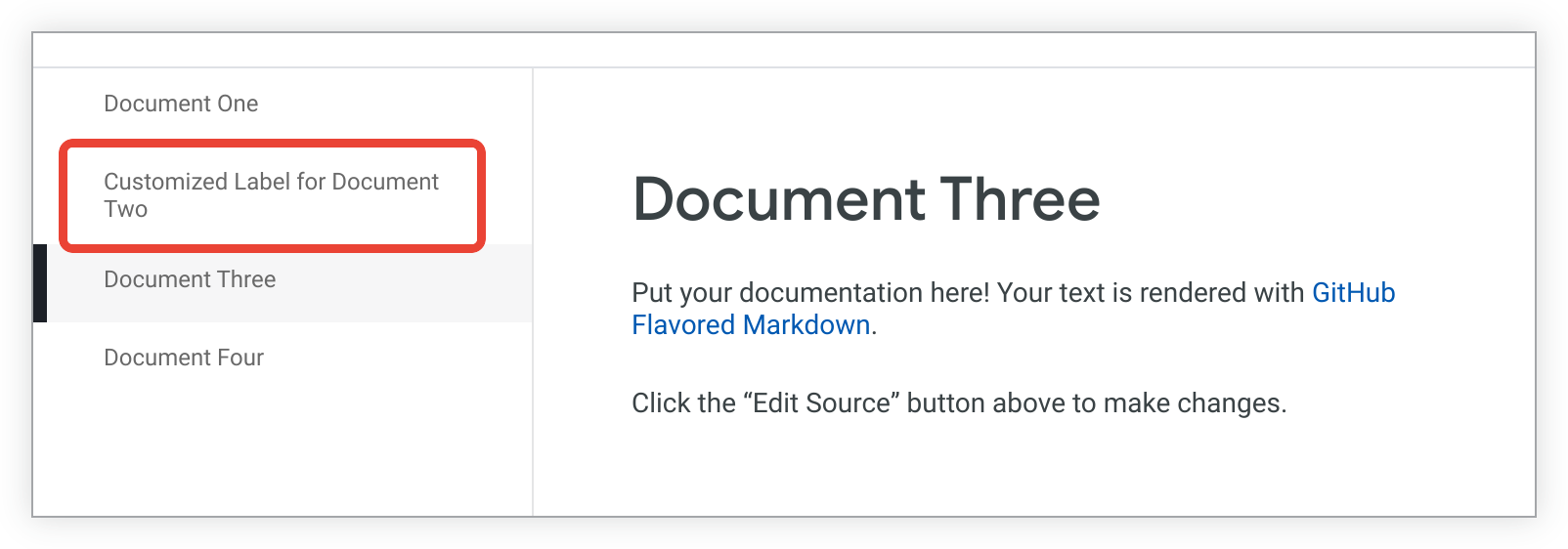 La page document_two est répertoriée comme étiquette personnalisée pour le document 2 dans la barre latérale.