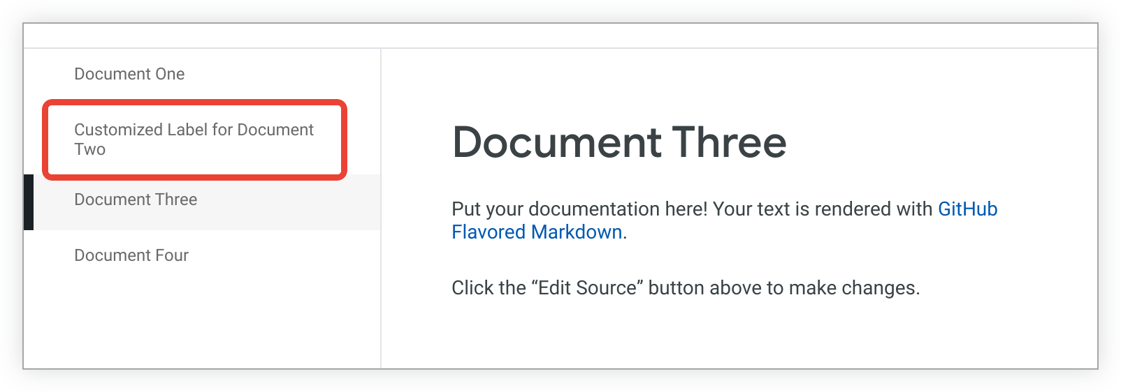 Halaman document_two dicantumkan sebagai Label Kustom untuk Dokumen Dua di sidebar.