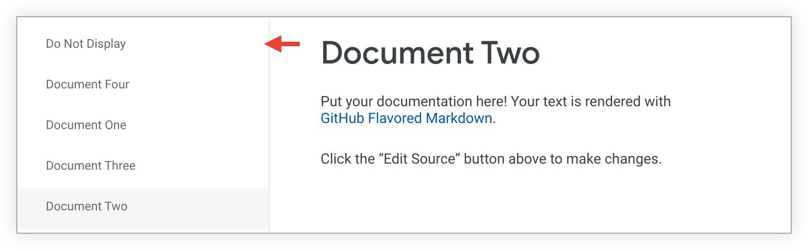 The sidebar lists Document Four, Document One, Document Three, and Document Two in alphabetical order, along with a document titled Do Not Display.