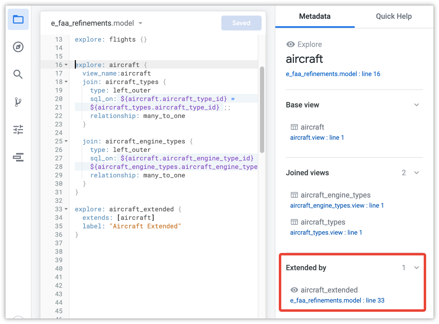 The metadata panel shows that the aircraft Explore is extended by the aircraft_extended Explore.