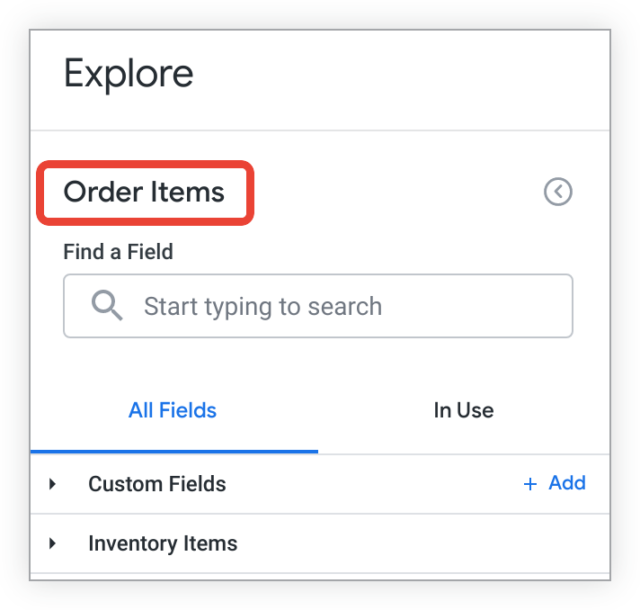 Exploration avec le libellé "Order Item Information" (Informations sur l'article de la commande) dans le menu Exploration et le sélecteur de champs.