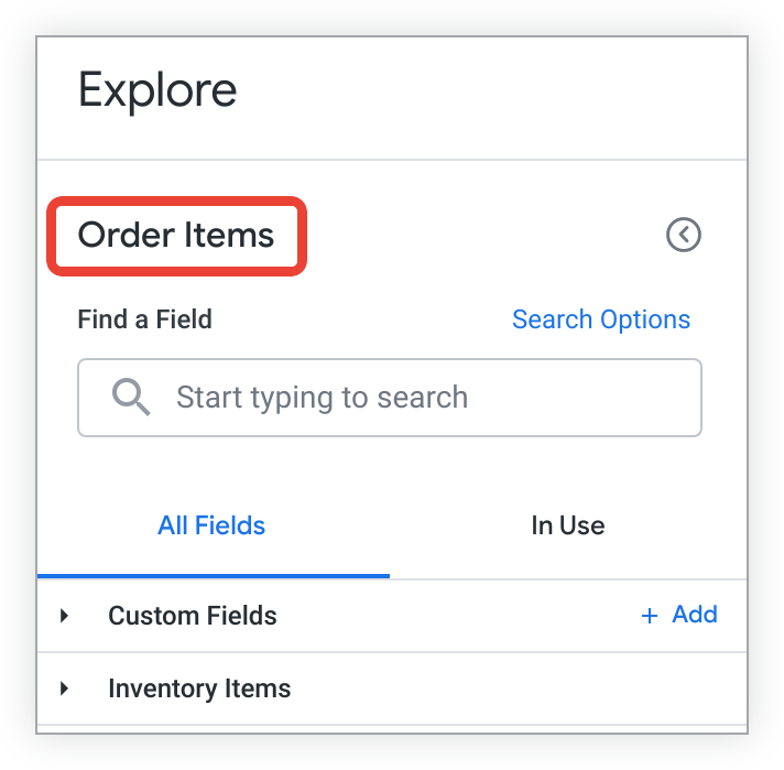 Ein Explore mit dem Label „Order Item Information“ (Bestellartikelinformationen) im Menü „Explore“ und im Field Picker.