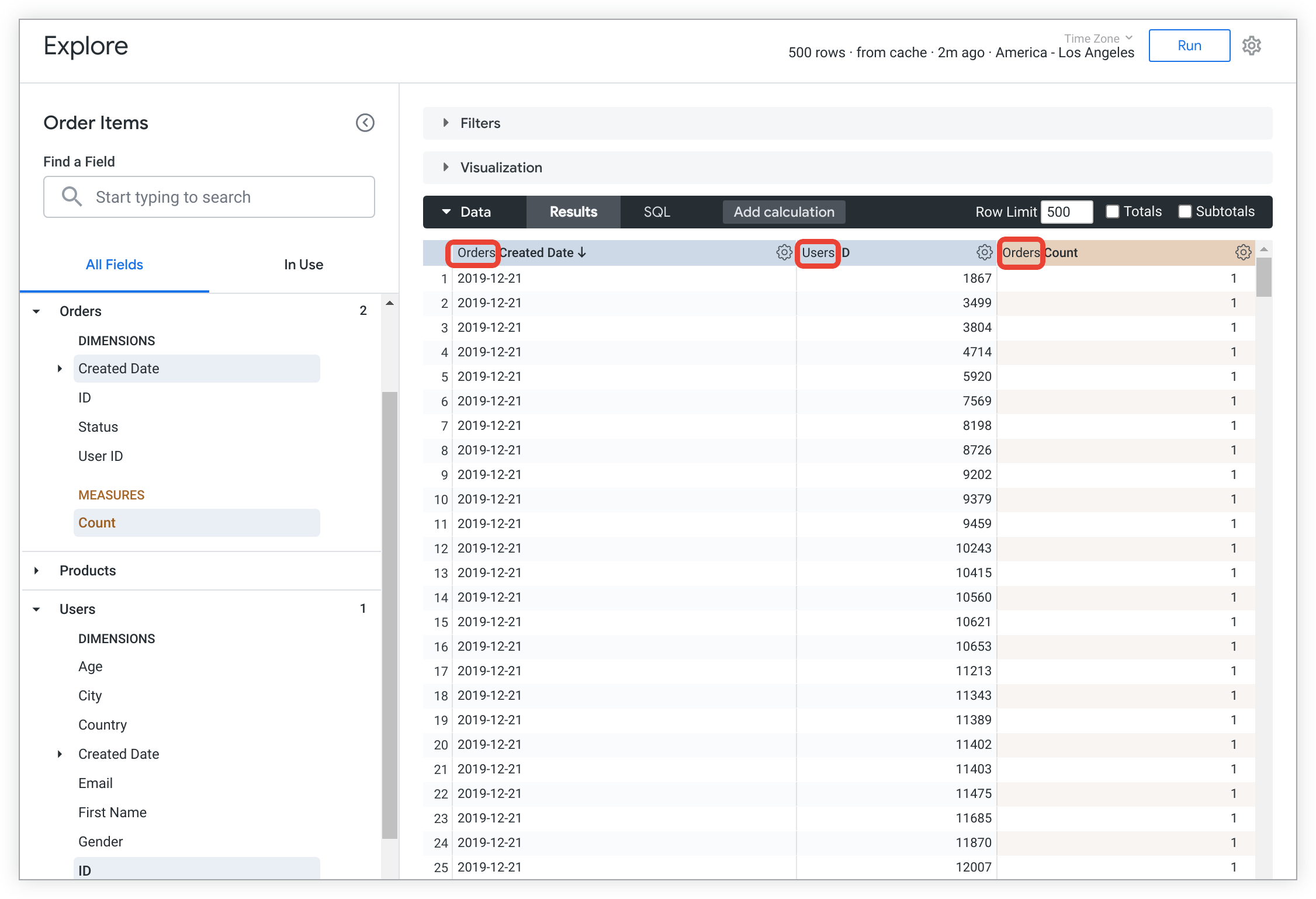 Table de données pour un exemple de requête avec les champs &quot;Orders Created Date&quot;, &quot;Users ID&quot; et &quot;Orders Count&quot; sélectionnés.