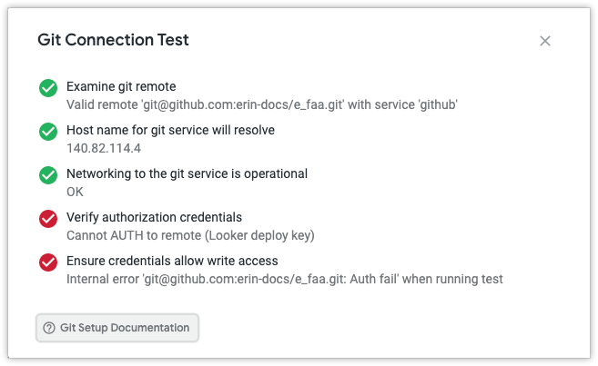 Diálogo de prueba de conexión de Git que muestra una lista de pasos correctos y fallidos. Un error en el paso Verificar credenciales de autorización indica que no se puede AUTH a remote (clave de implementación de Looker).