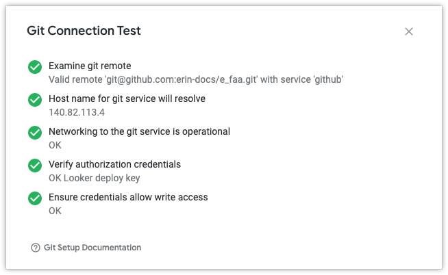 Kotak dialog Git Connection Test yang menampilkan daftar langkah dengan tanda centang hijau di sampingnya untuk menunjukkan bahwa semua langkah berhasil.