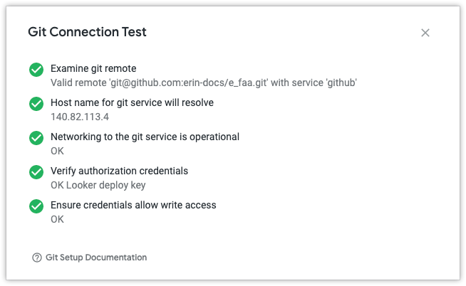 「Git Connection Test」對話方塊顯示步驟清單，旁邊有綠色勾號，表示所有步驟都成功。