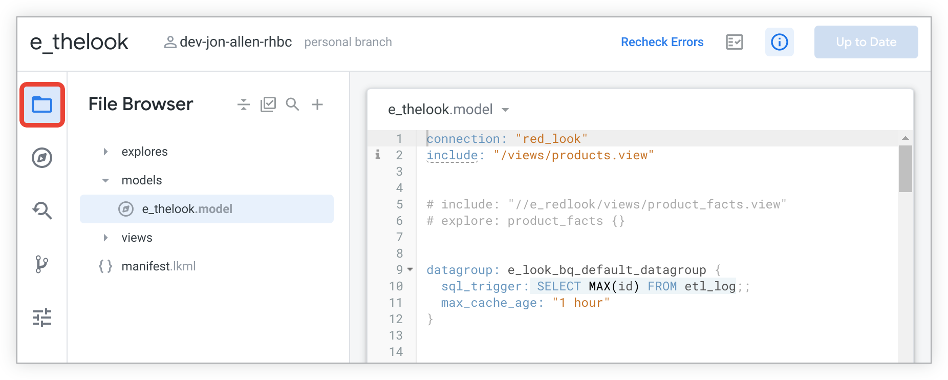 Pilih File Browser di sidebar IDE untuk menciutkan atau meluaskan browser file.