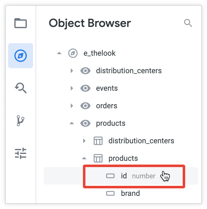 Browser objek menampilkan ikon dimensi di samping nama kolom ID sampel, dan jenis angka ditunjukkan saat kursor diarahkan ke atasnya.