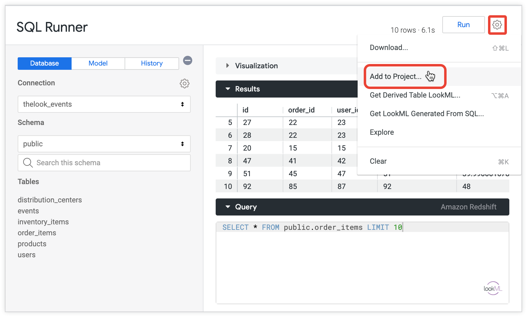 Pagina SQL Runner con il menu a forma di ingranaggio aperto e il link Aggiungi al progetto evidenziato.