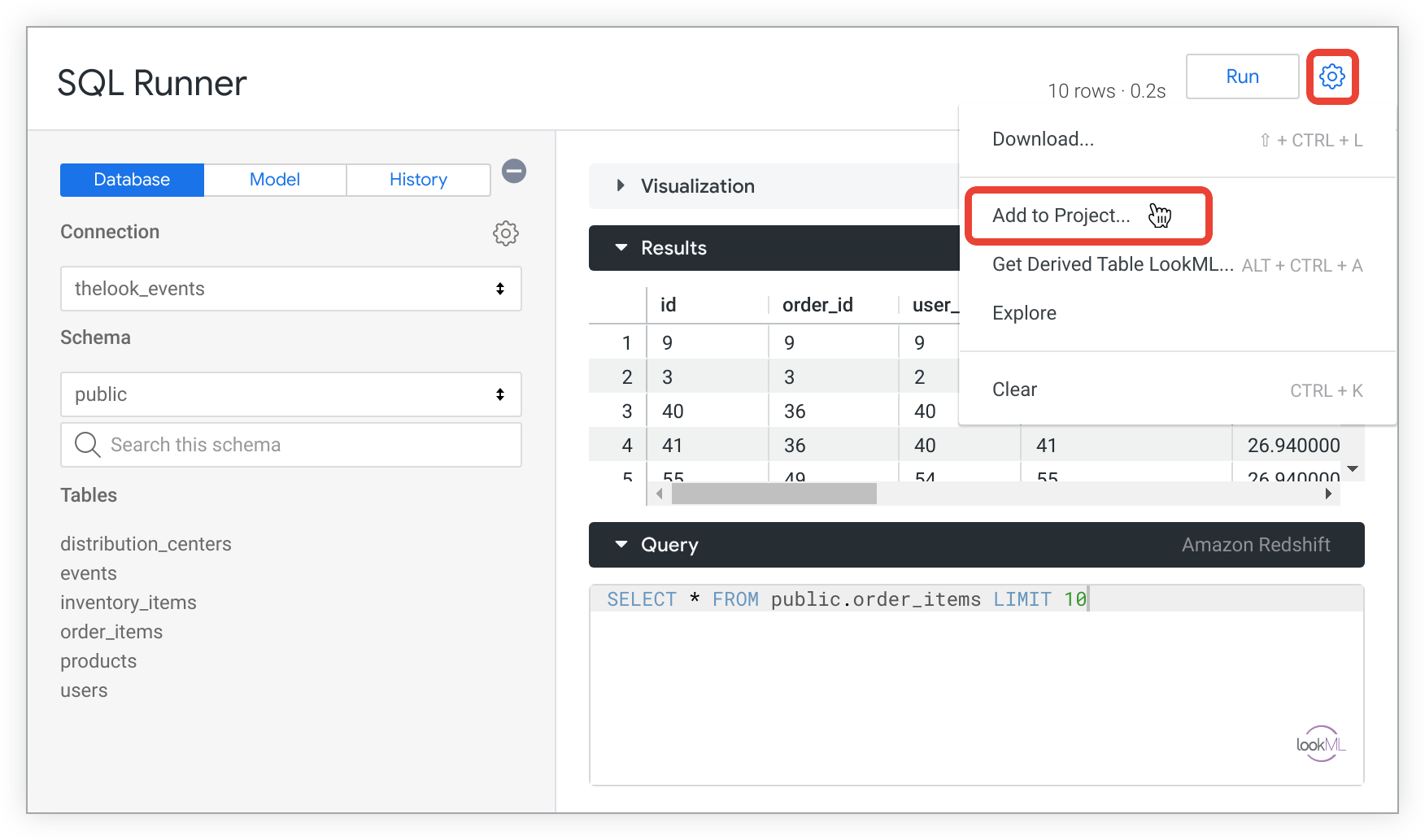 Halaman SQL Runner dengan menu roda gigi terbuka dan link Add to Project ditandai.