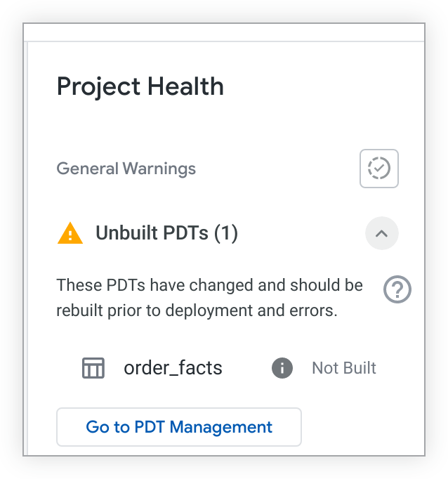 Im Bereich „Project Health“ (Projektzustand) werden sowohl eine Liste nicht erstellter PDTs für das Projekt als auch die Schaltfläche Go to PDT Management (Zur PDT-Verwaltung wechseln) angezeigt.