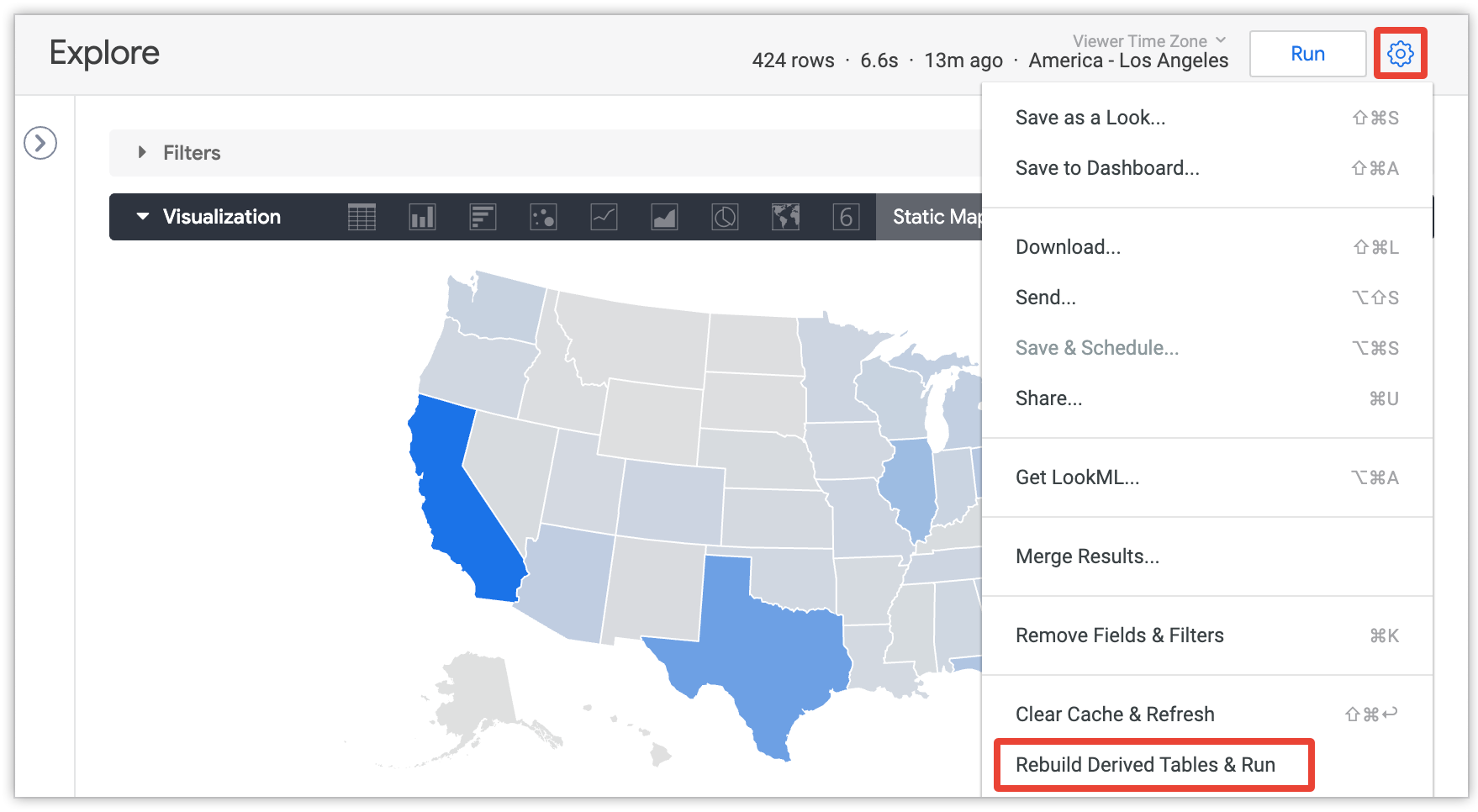 Se fai clic sul pulsante Azioni di esplorazione, si apre il menu Esplora, da cui puoi selezionare Ricrea tabelle derivate ed esegui.