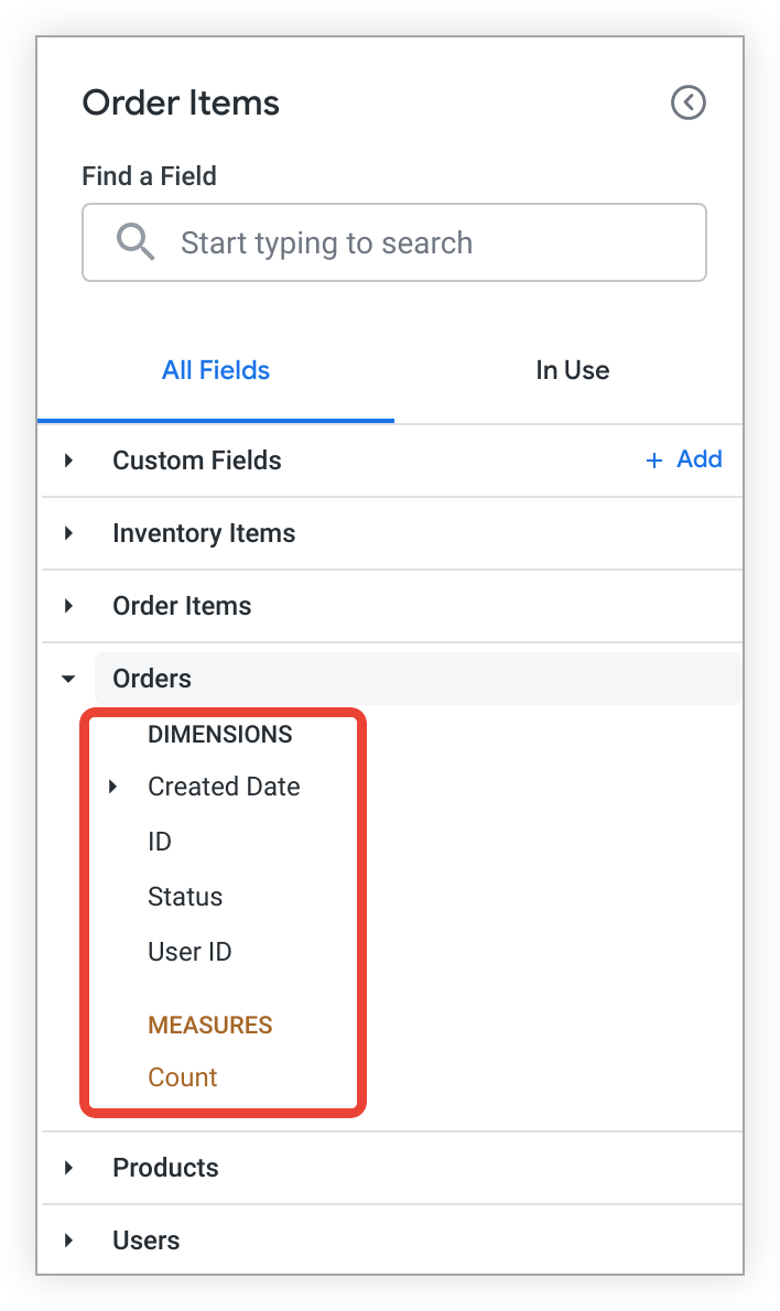 The field picker in an Explore shows an expandable list of views containing fields that you can add to your query.