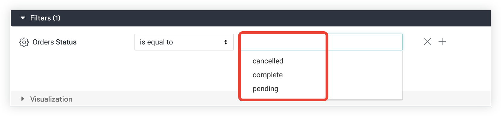 As sugestões de filtro aparecem em um menu suspenso revelado quando um usuário seleciona o campo de valor do filtro.