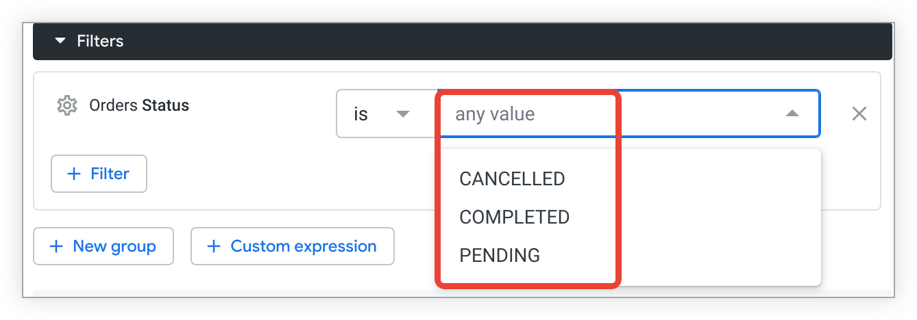 Filtervorschläge werden in einem Drop-down-Menü angezeigt, das angezeigt wird, wenn ein Nutzer das Feld für den Filterwert auswählt.