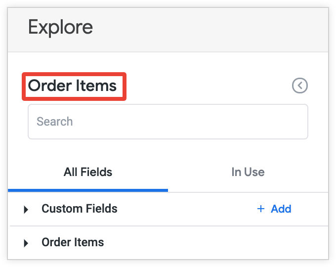 Le libellé &quot;Order Items&quot; (Éléments de commande) s&#39;affiche en haut à gauche du panneau de sélection des champs.