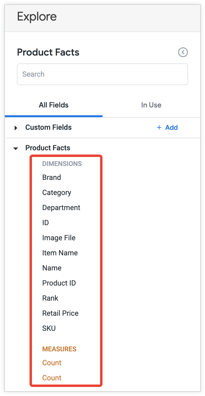 The fields from the Product view are grouped under the Product Facts view label.