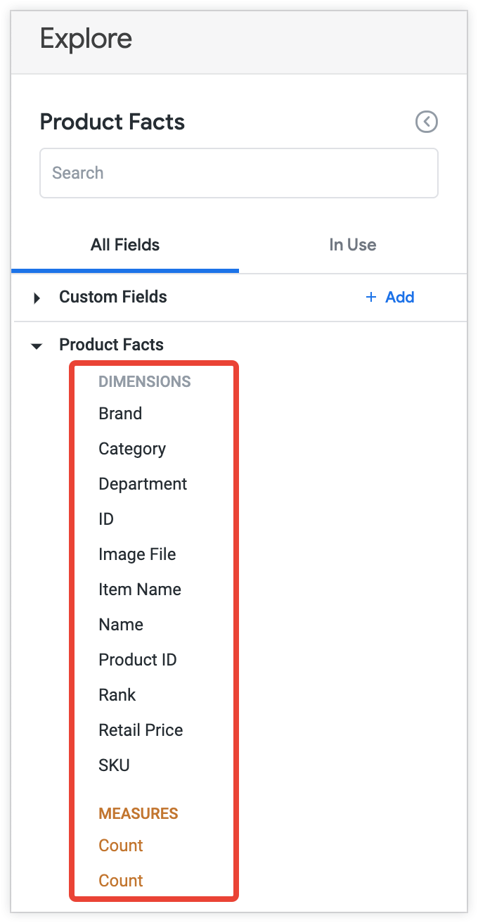 Os campos da visualização "Produto" são agrupados no rótulo da visualização "Fatos do produto".