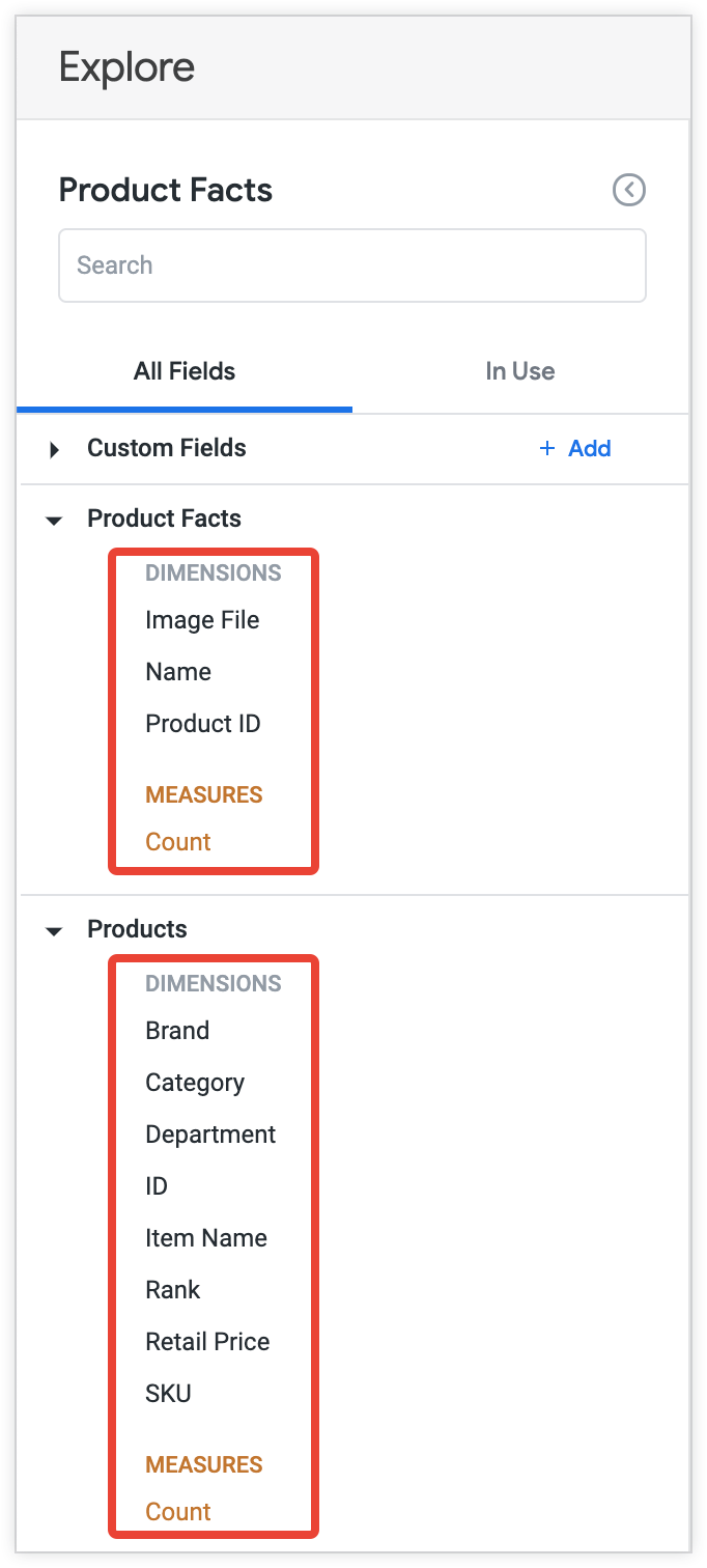 The fields from the Product view are grouped under the Product view label by default.