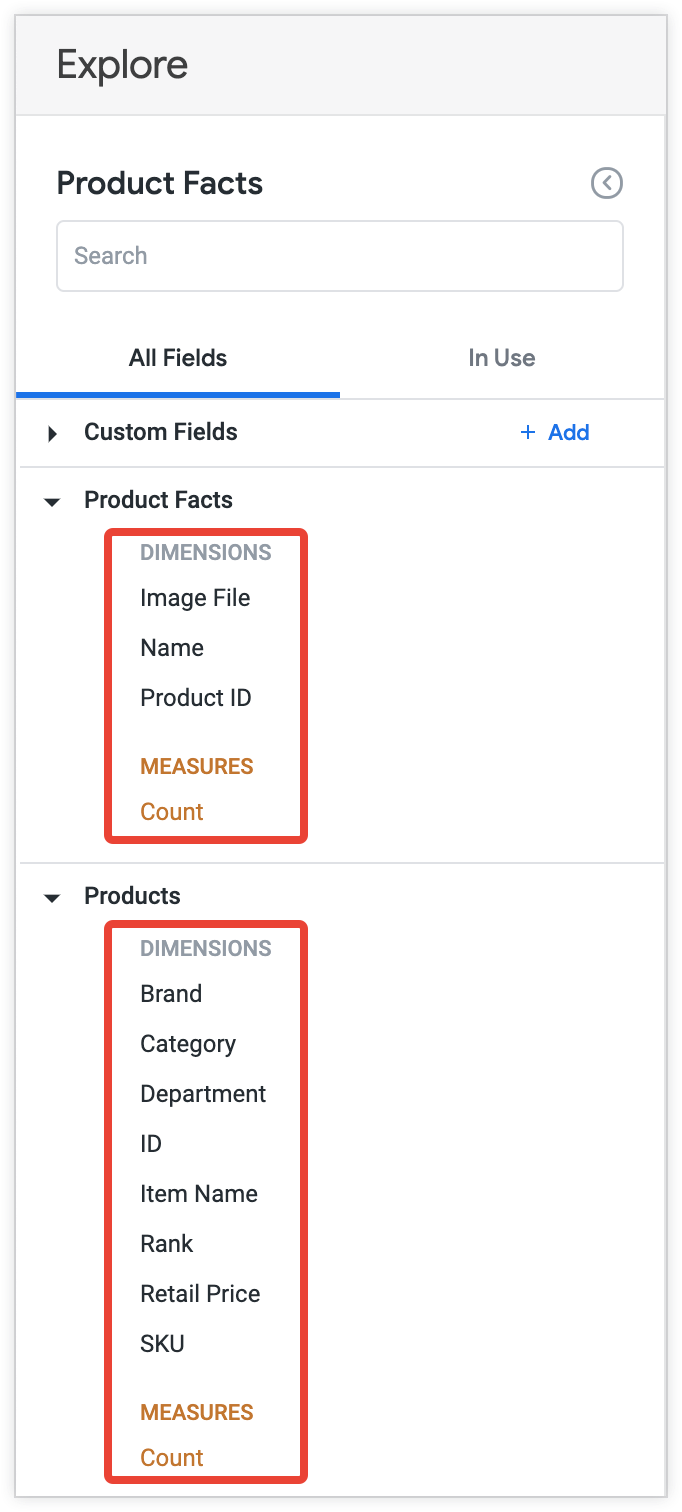 Kolom dari tampilan Produk dikelompokkan dalam label Tampilan produk secara default.