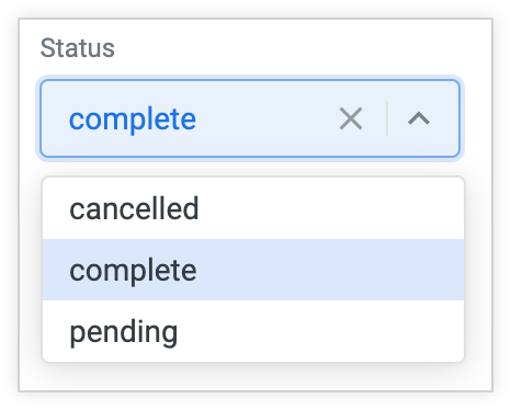 Ein Drop-down-Menü wird mit einem einzelnen Wert und einem Chevron angezeigt. Wenn Sie diese Option auswählen, wird mit dem Chevron eine Liste der möglichen Filterwerte angezeigt.