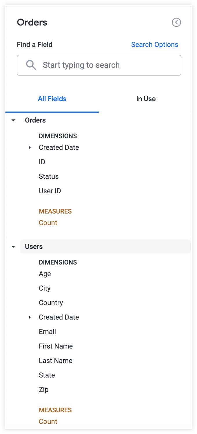 The field picker for the Orders view includes all the fields from the Orders and Users view, including the fields that you want to omit.