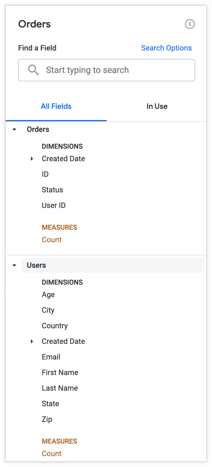 Le sélecteur de champs de la vue &quot;Commandes&quot; inclut tous les champs de la vue &quot;Ordres&quot; et &quot;Utilisateurs&quot;, y compris ceux que vous souhaitez omettre.