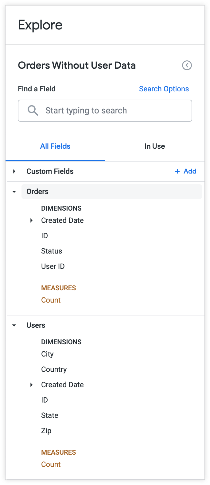 The Orders Without User Data Explore excludes the First Name, Last Name, Email, Age, and Gender fields from the Explore field picker.