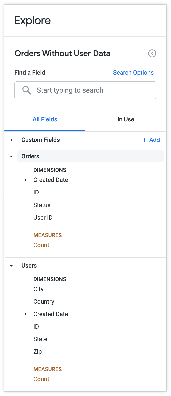 Jelajah Pesanan Tanpa Data Pengguna mengecualikan kolom Nama Depan, Nama Belakang, Email, Usia, dan Jenis Kelamin dari pemilih kolom Jelajah.