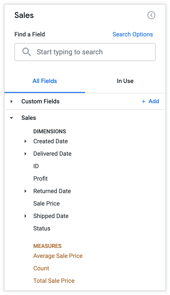 La visualizzazione Vendite include i campi per la data di creazione, consegna, reso e spedizione, nonché ID, profitto, stato, prezzo scontato medio e totale e conteggio.