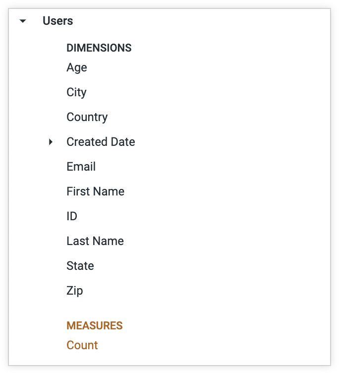 The Users view includes fields for age, city, country, created date, email, first and last name, ID, state, zip, and count.
