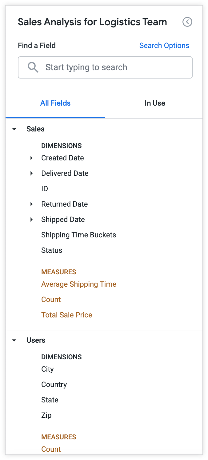 The Logistics team Explore now lists the new Shipping Time Buckets and Average Shipping Time fields, along with other shipping and user location fields.