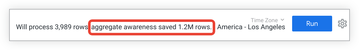 Tombol Run dari Explore. Di sebelah kiri tombol, sebuah pesan akan ditampilkan: Akan memproses 3.989 baris. Awareness agregat menyimpan 1,2 juta baris.'