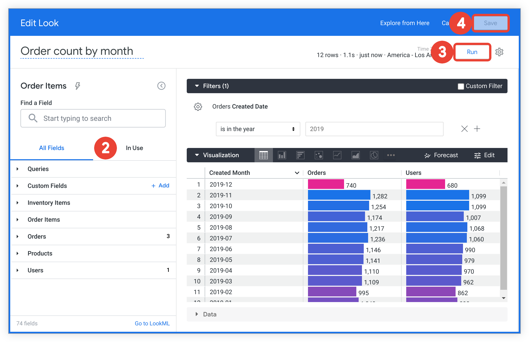 Le nombre d'utilisateurs est ajouté à la vue Tableau des commandes par mois depuis le menu "Modifier l'aspect".