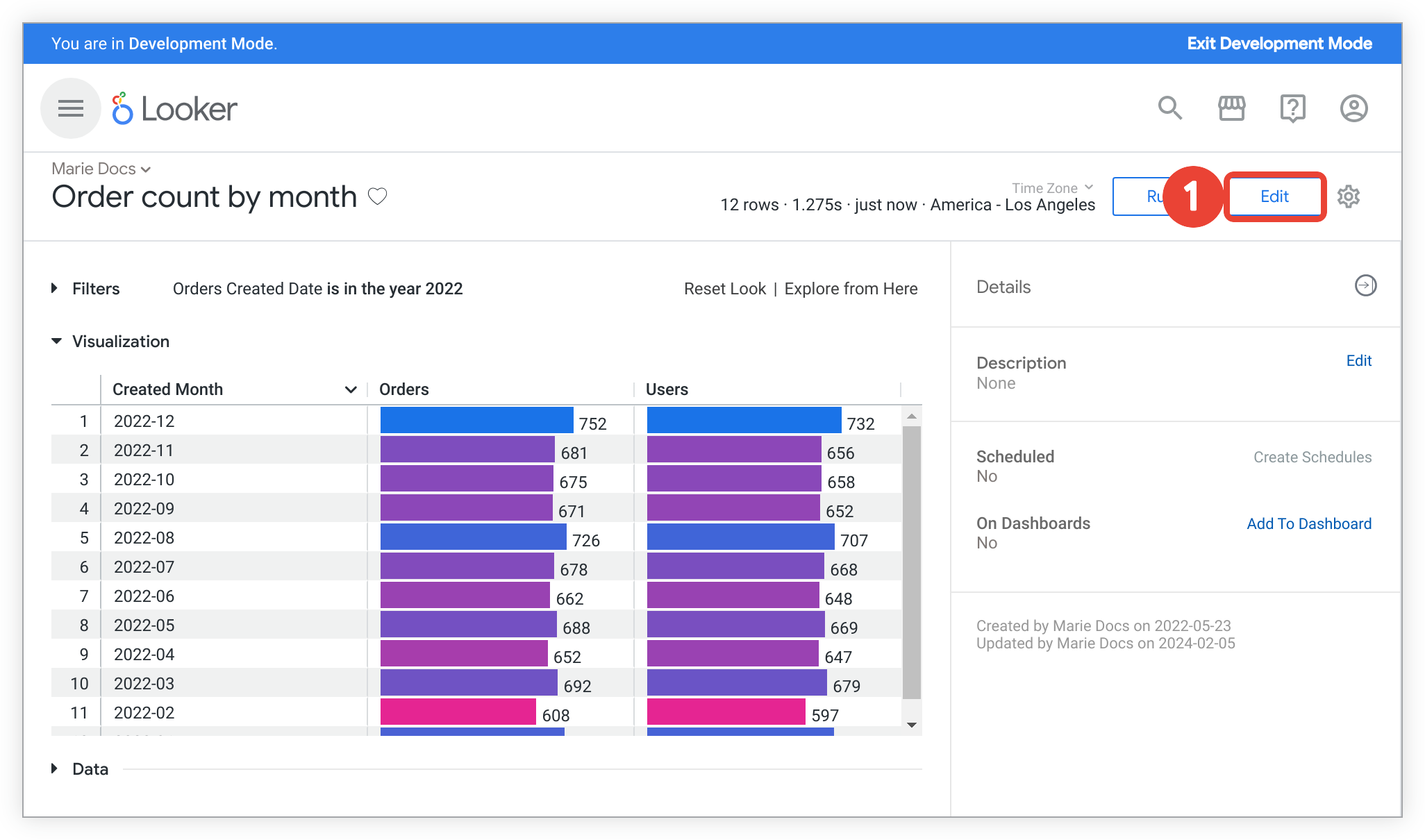 A Look called Order count by month displays a table chart with a count of Orders grouped by Orders Created Month.