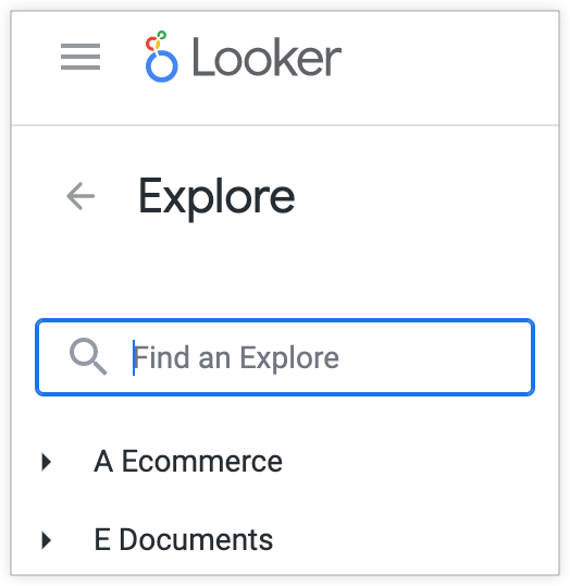 Explore menu that lists the model names A Ecommerce and E Documents.